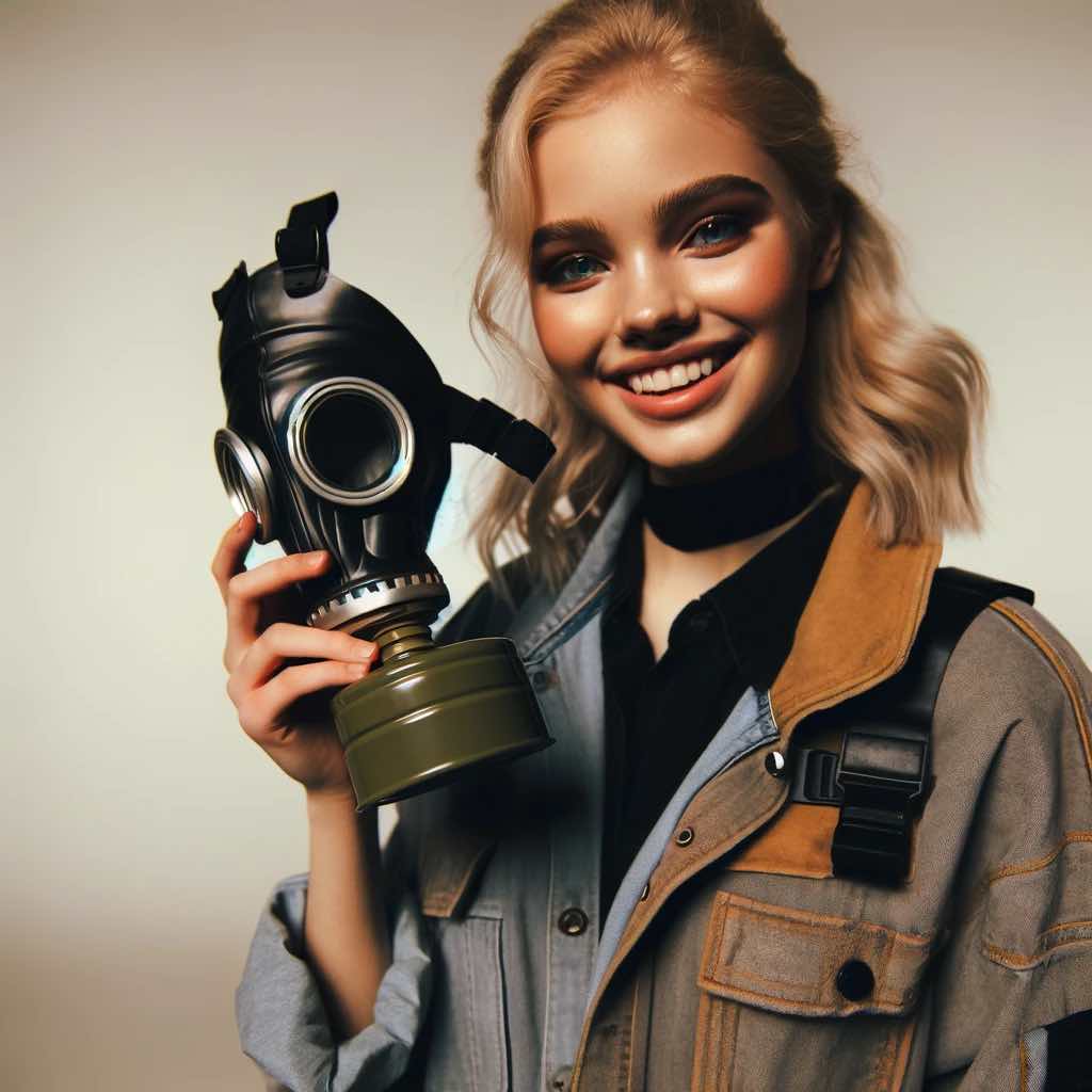 author Persephone, smiling while holding a gas mask