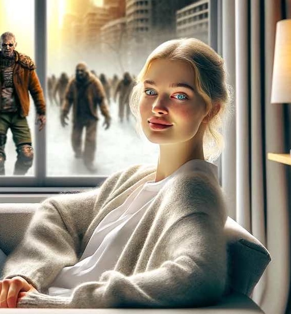 author Persephone sitting serenely, while creepy mutants are visible through her window